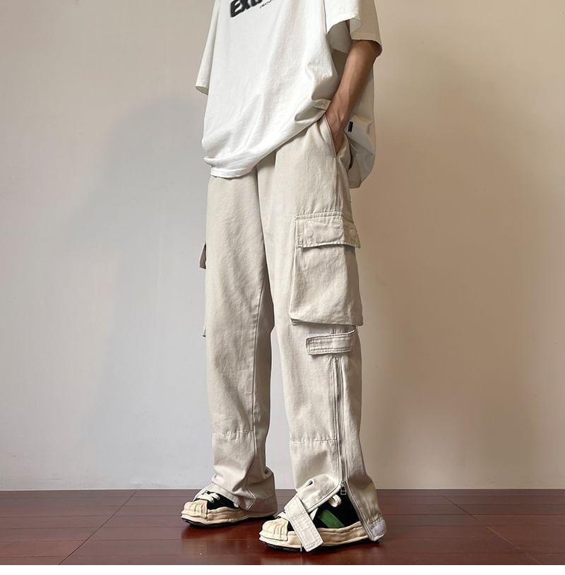 Mid Rise Plain Zip Slit Loose Fit Cargo Pants Product Image