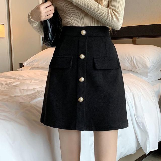 High-Waist Plain Corduroy A-Line Skirt Product Image