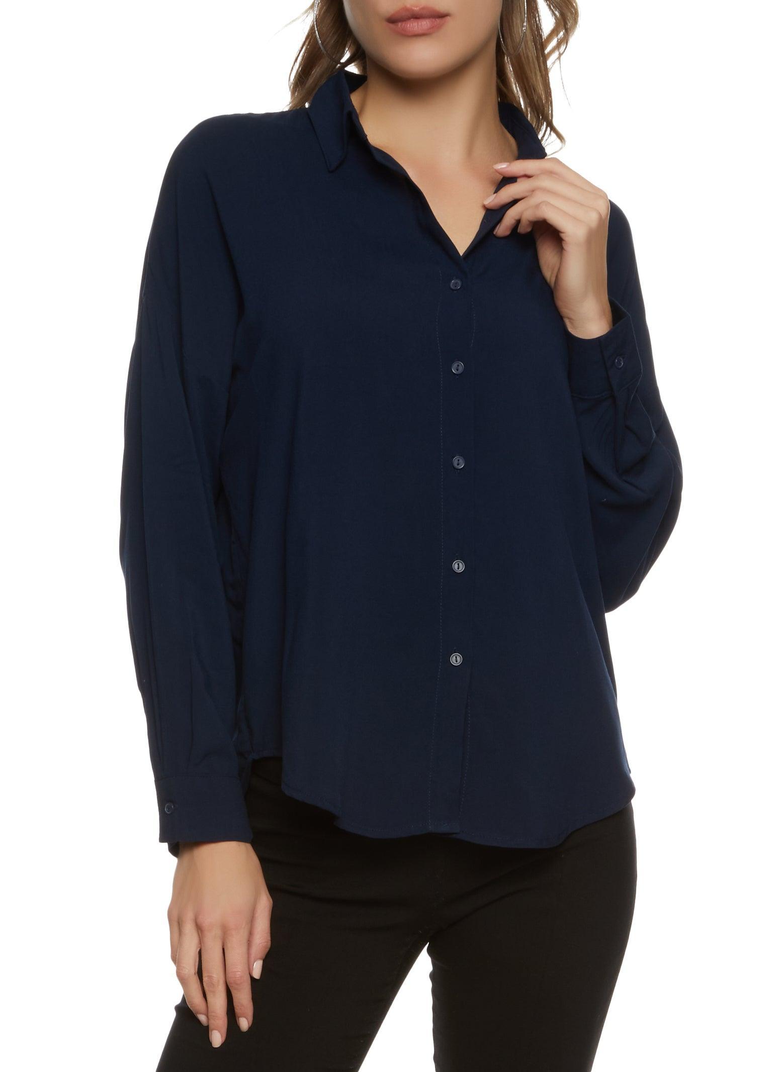 Womens Solid Long Sleeve Button Front Shirt Product Image