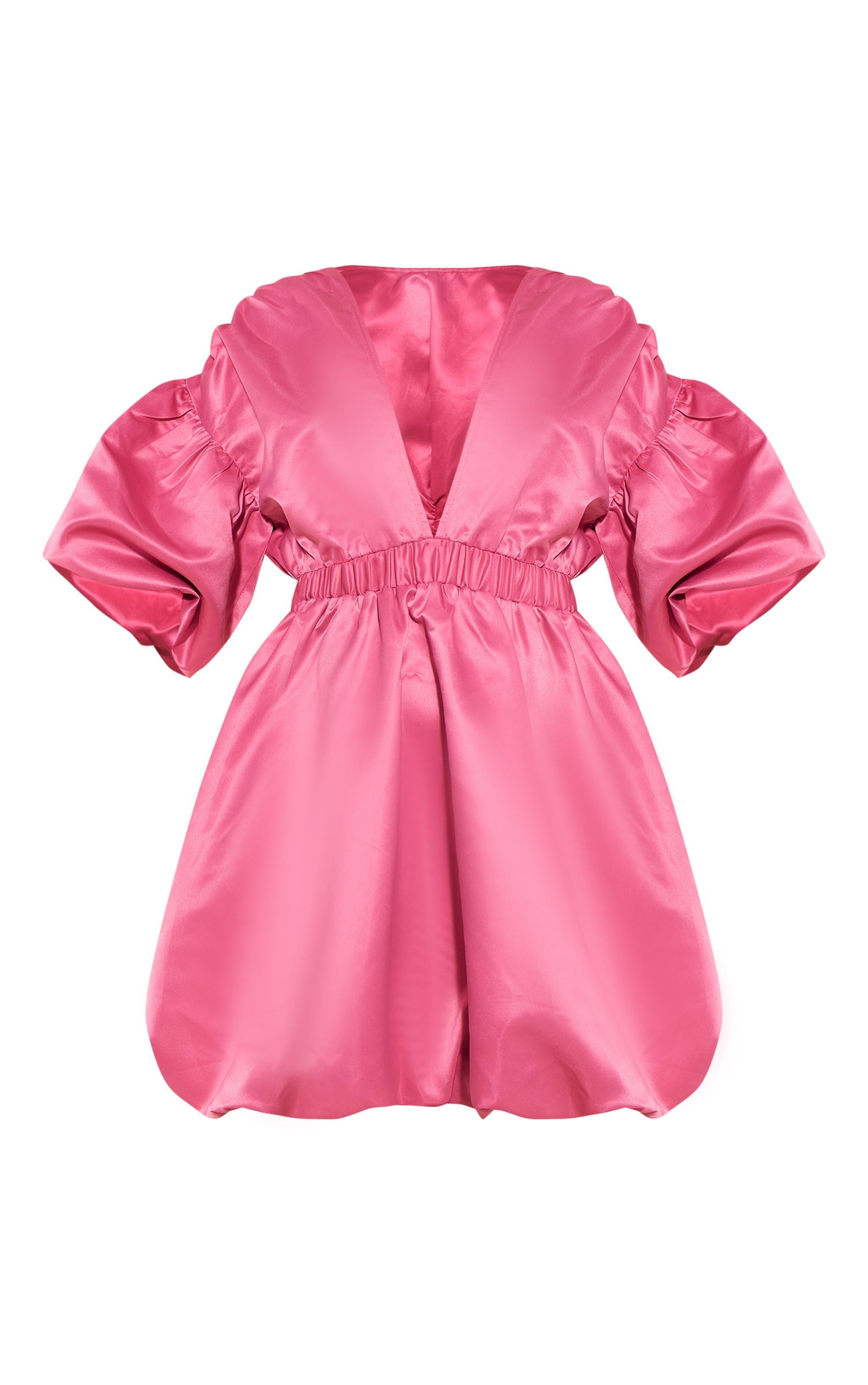 Bright Pink Puff Sleeve Puffball Hem Shift Dress Product Image