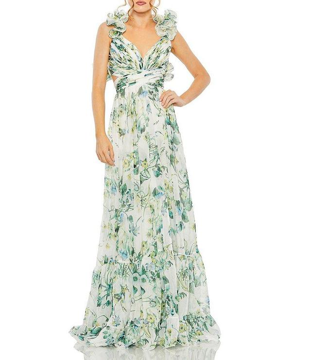 Mac Duggal Floral V-Neck Ruffled Wide Strap Open Back Gown Product Image