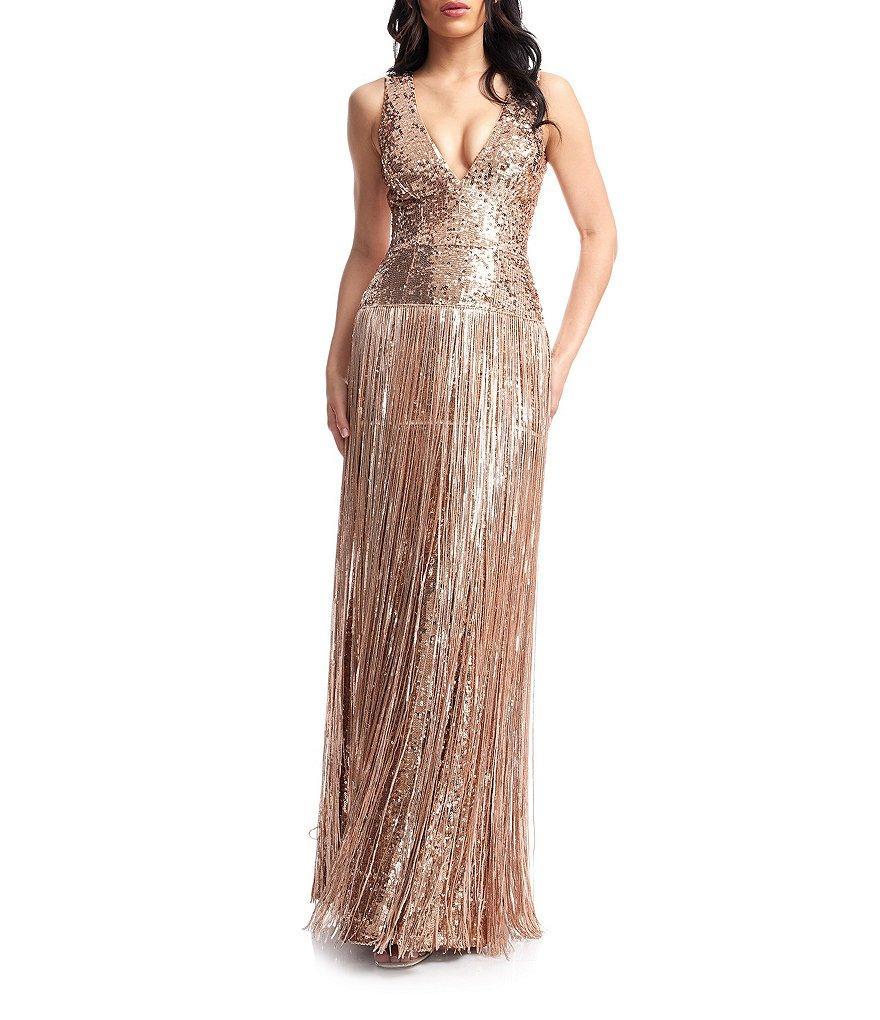 Dress The Population Reign Sequin Fringe Deep V-Neck Sleeveless Bodycon Mermaid Gown Product Image