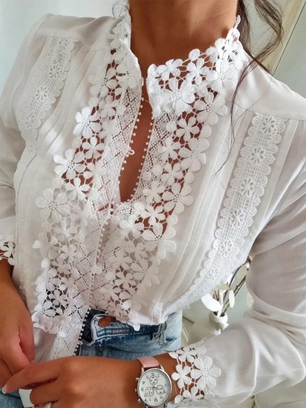 Long Sleeves Loose Buttoned Embroidered Solid Color Split-Joint Stand Collar Blouses&Shirts Tops Product Image