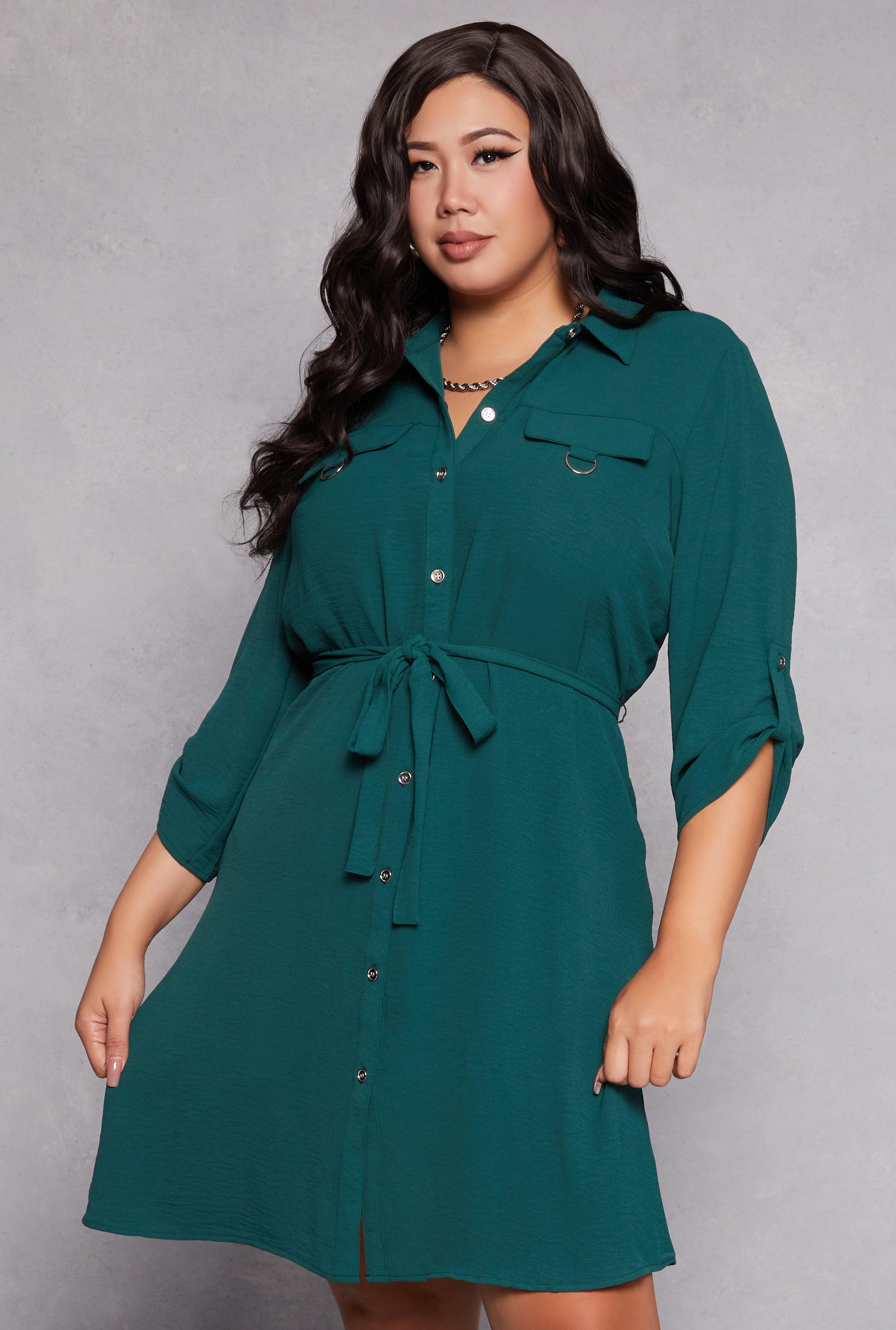 Womens Plus Size Crepe Knit Tie Waist Shirt Dress Product Image