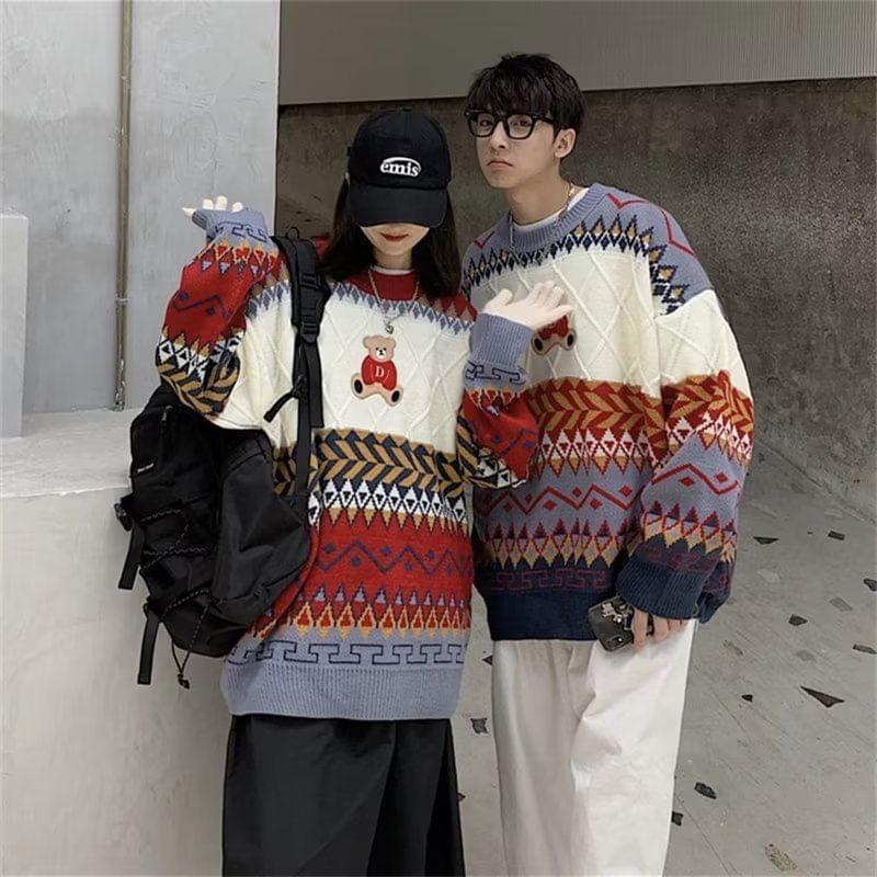 Couple Matching Long Sleeve Bear Print Loose-Fit Sweater Product Image