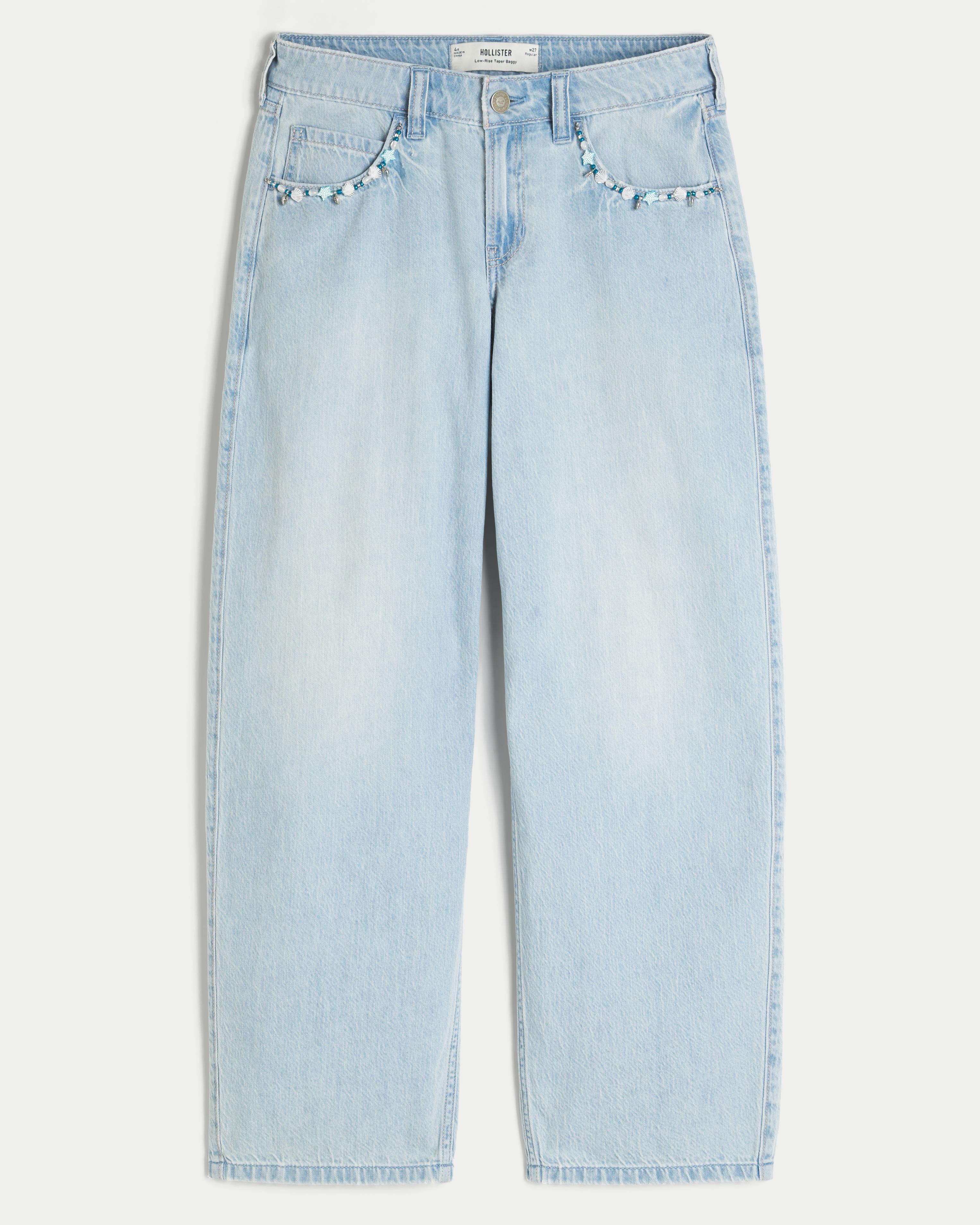 Low-Rise Light Wash Beaded Pockets Tapered Baggy Jeans Product Image