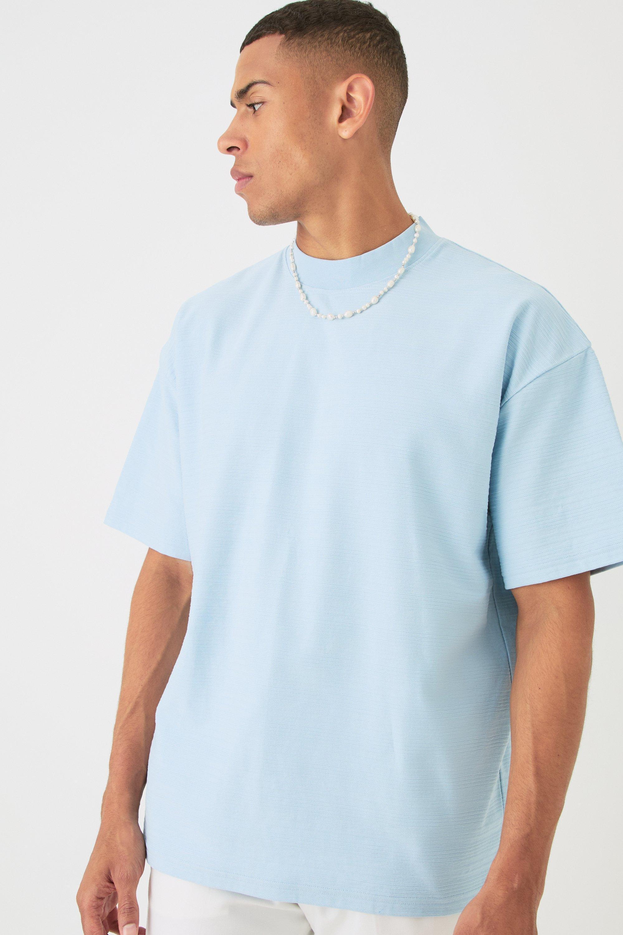 Mens Blue Oversized Jacquard Raised Striped Extended Neck T-shirt, Blue Product Image