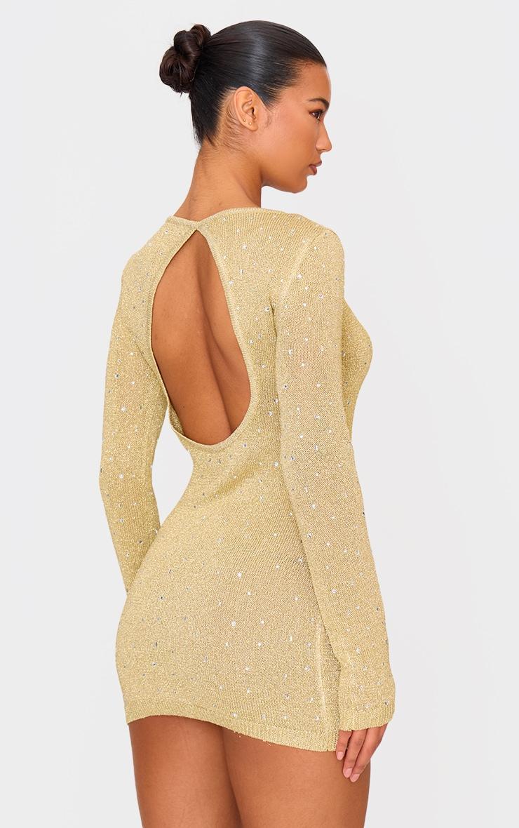 Gold Lurex Knit Gem Detail Open Back Mini Dress Product Image