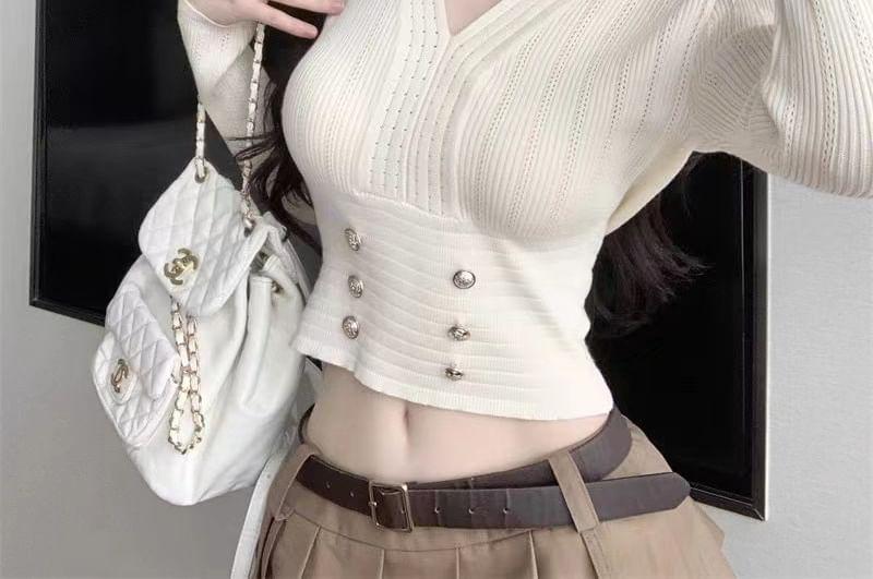 Long-Sleeve V-Neck Plain Button Accent Perforated Crop Knit Top Product Image