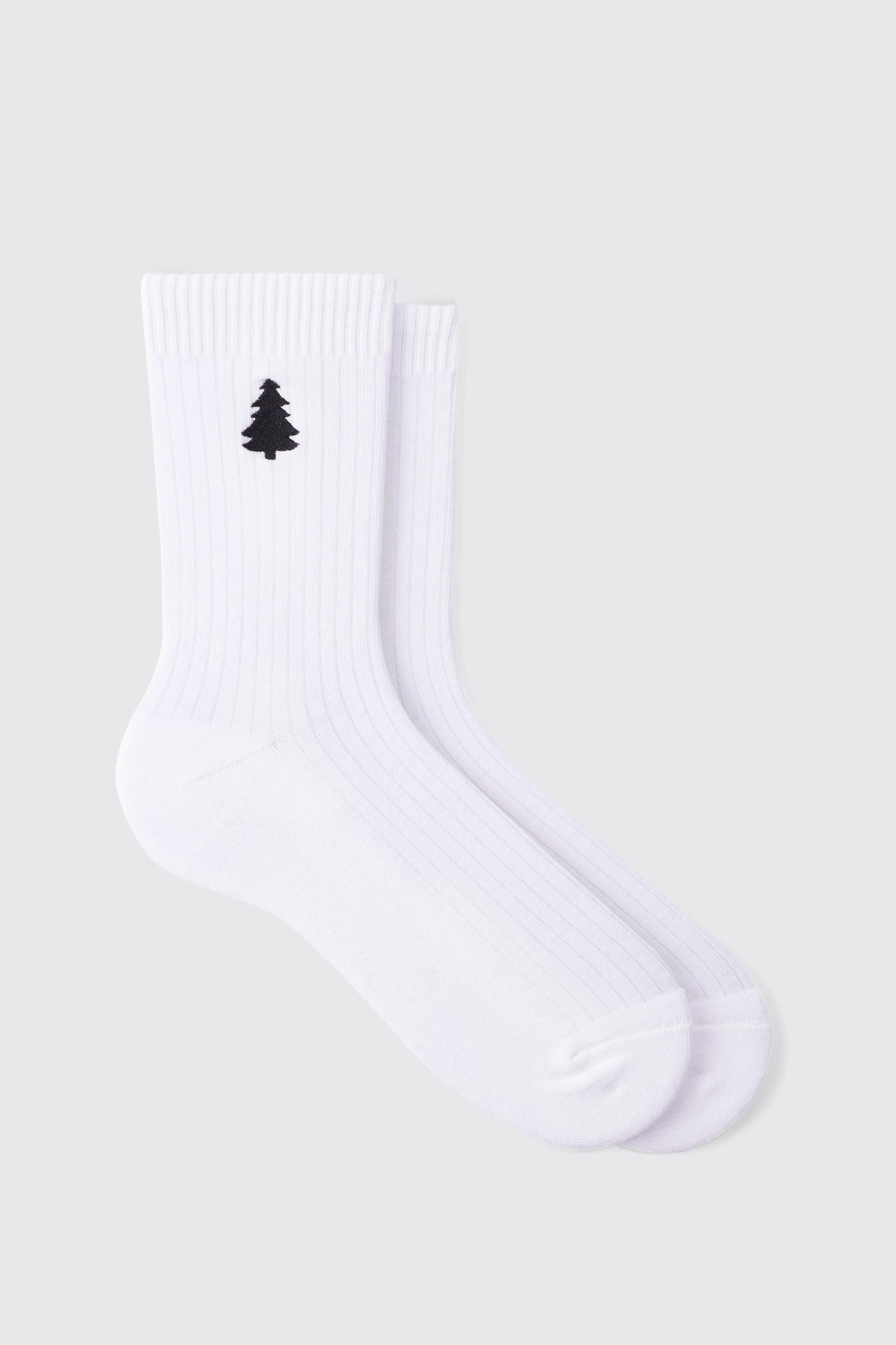 Mens White Christmas Tree Embroidered Socks, White Product Image