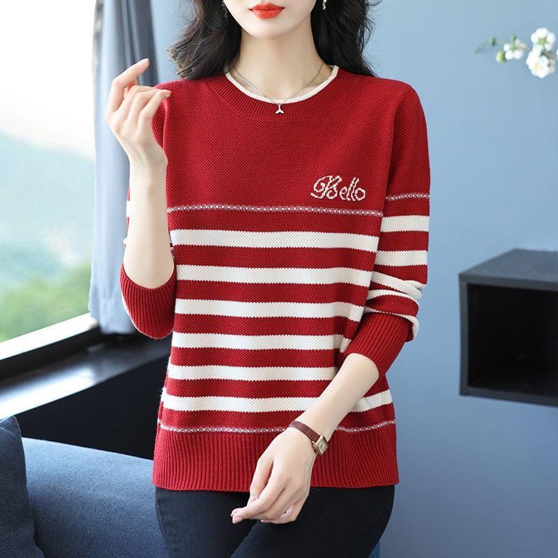 Long-Sleeve Crewneck Striped Knit Top Product Image