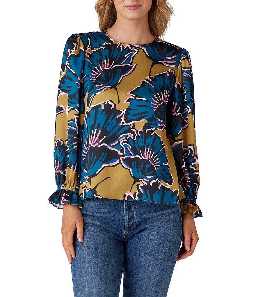 CROSBY by Mollie Burch James Crepe de Chine Floral Jewel Neck Long Balloon Sleeve Ruffle Cuff Back Keyhole Blouse Product Image