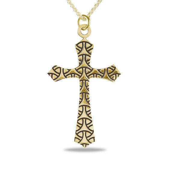 Men's Engravable Geometric Gothic-Style Cross Pendant in 10K White or Yellow Gold (1 Line) Product Image