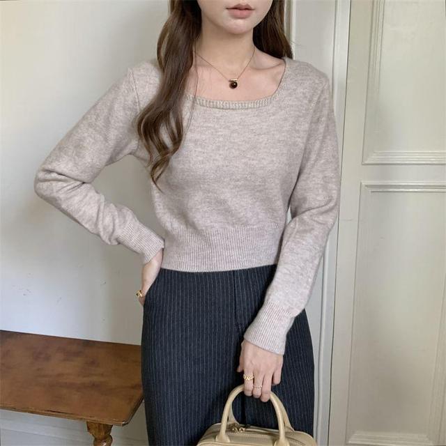 Long-Sleeve Square Neck Plain Crop Knit Top Product Image