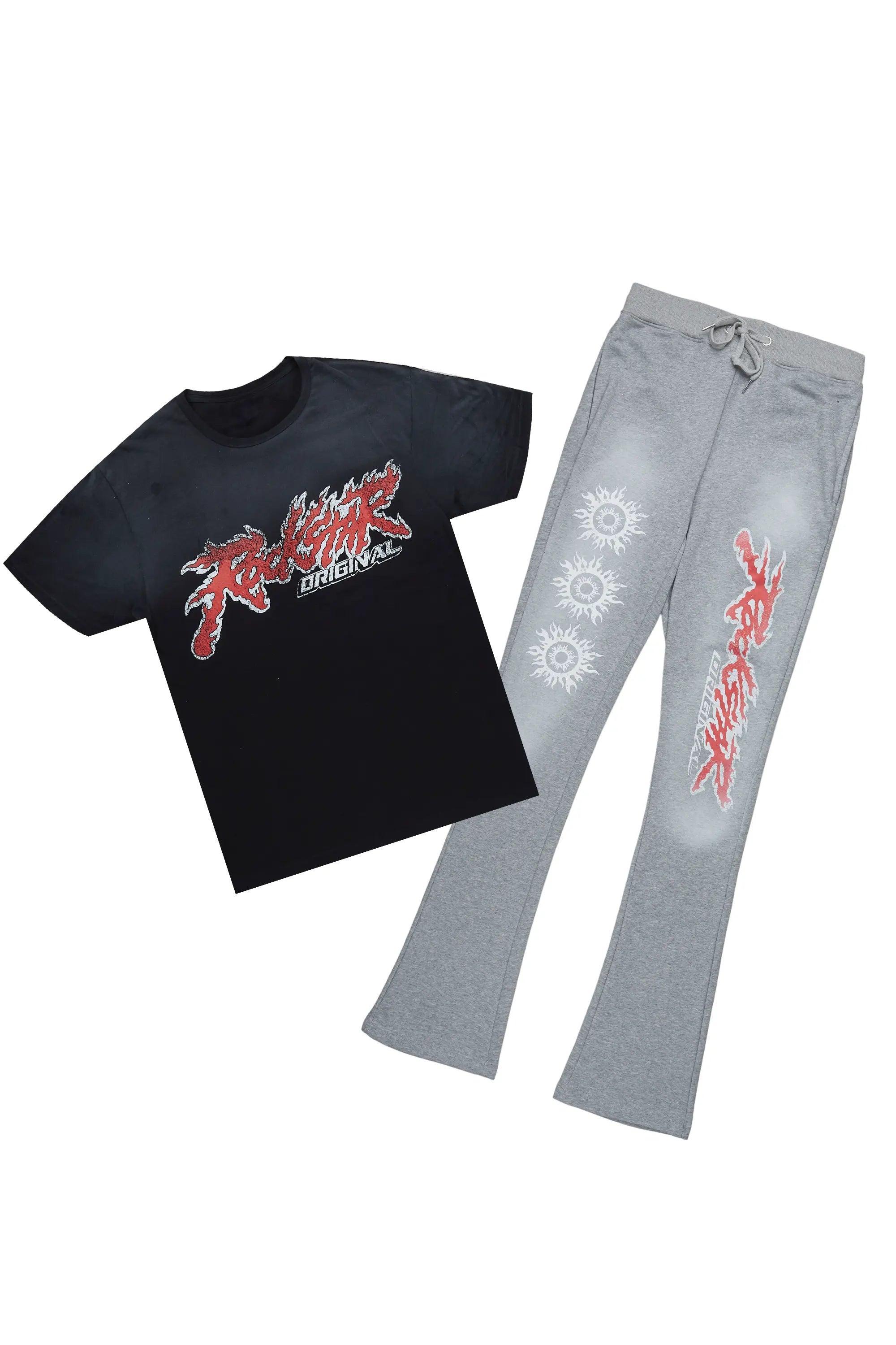 Yash Black/Grey T-Shirt/Stacked Flare Track Pant Set Male Product Image