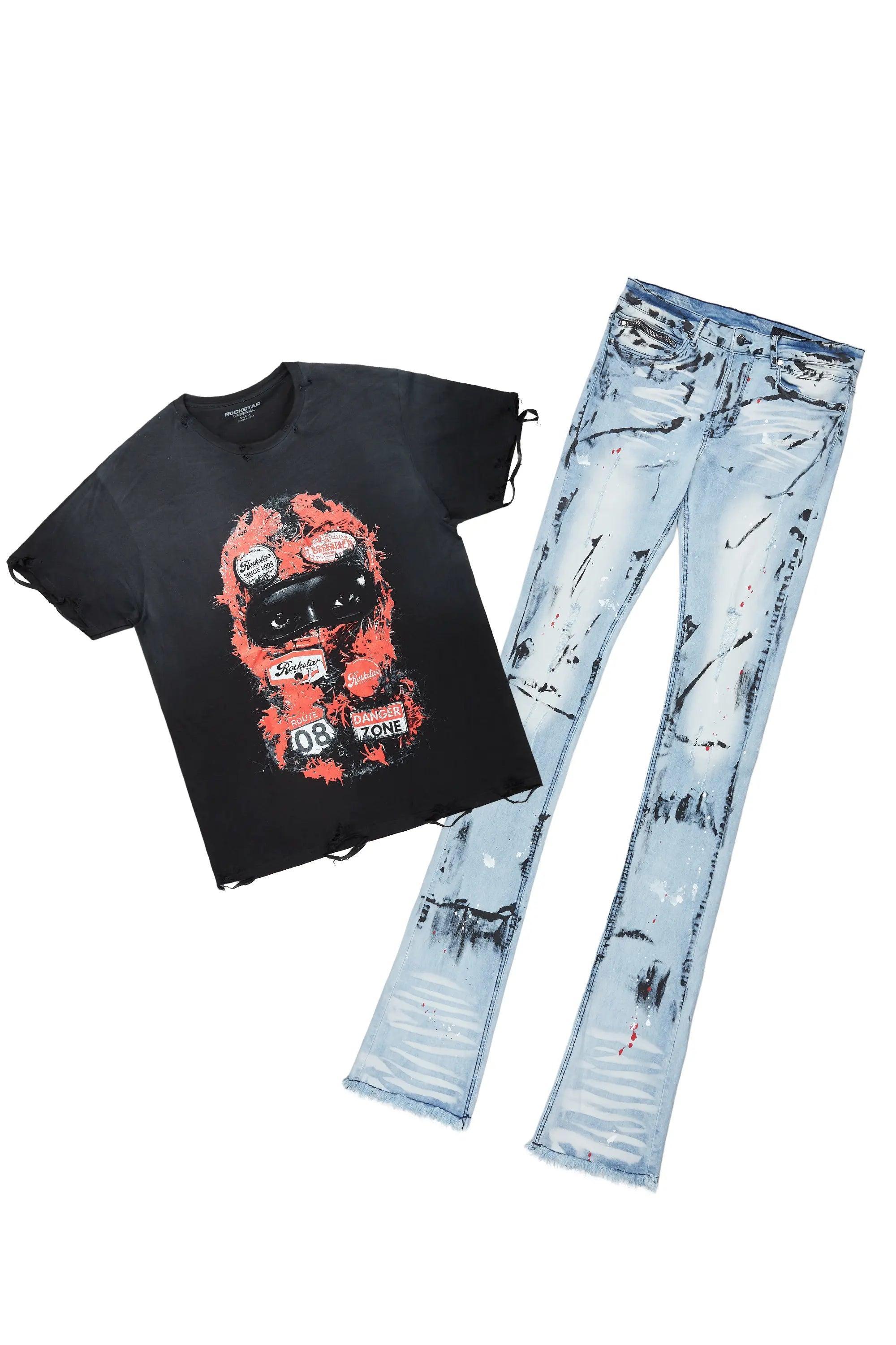 Lemar Black T-Shirt/Super Stacked Flare Jean Set Male Product Image