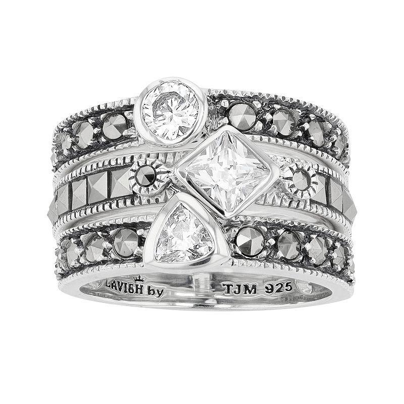 Lavish by TJM Sterling Silver Cubic Zirconia & Marcasite 3-Piece Stack Ring Set, Womens Product Image