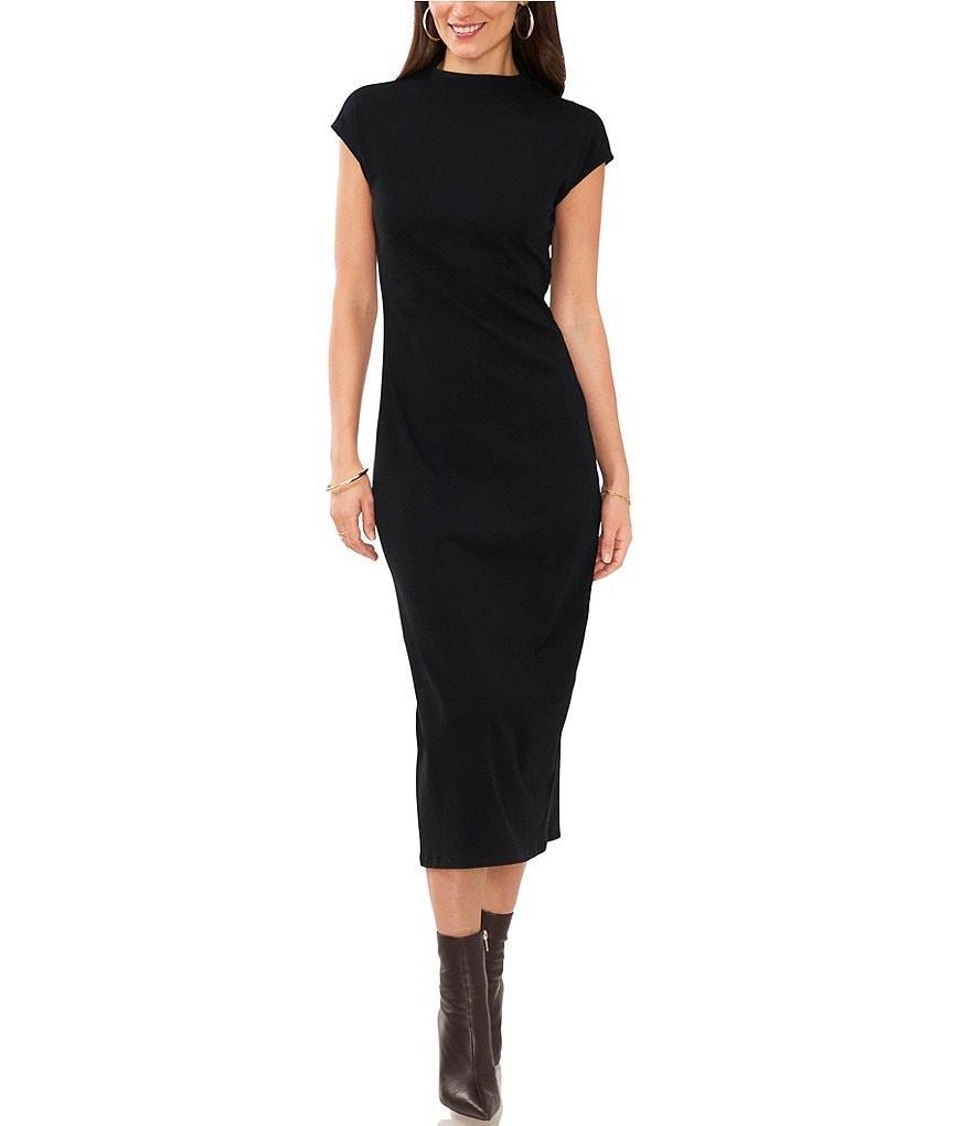 Vince Camuto Mock Neck Cap Sleeve Ribbed Knit Midi Sheath Dress Product Image