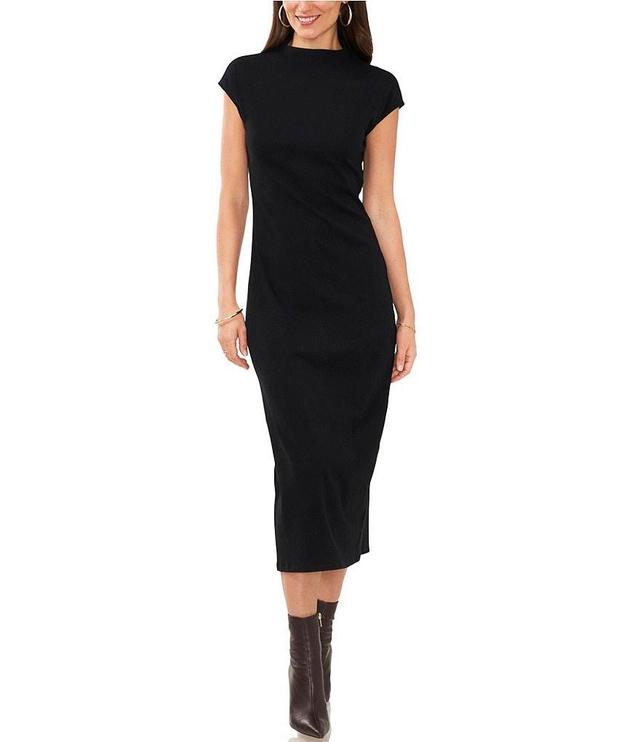 Vince Camuto Mock Neck Cap Sleeve Ribbed Knit Midi Sheath Dress Product Image