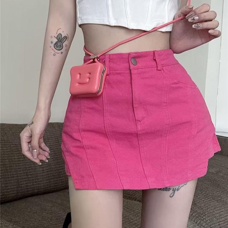 High Waist Plain Mini Pencil Denim Skort Product Image