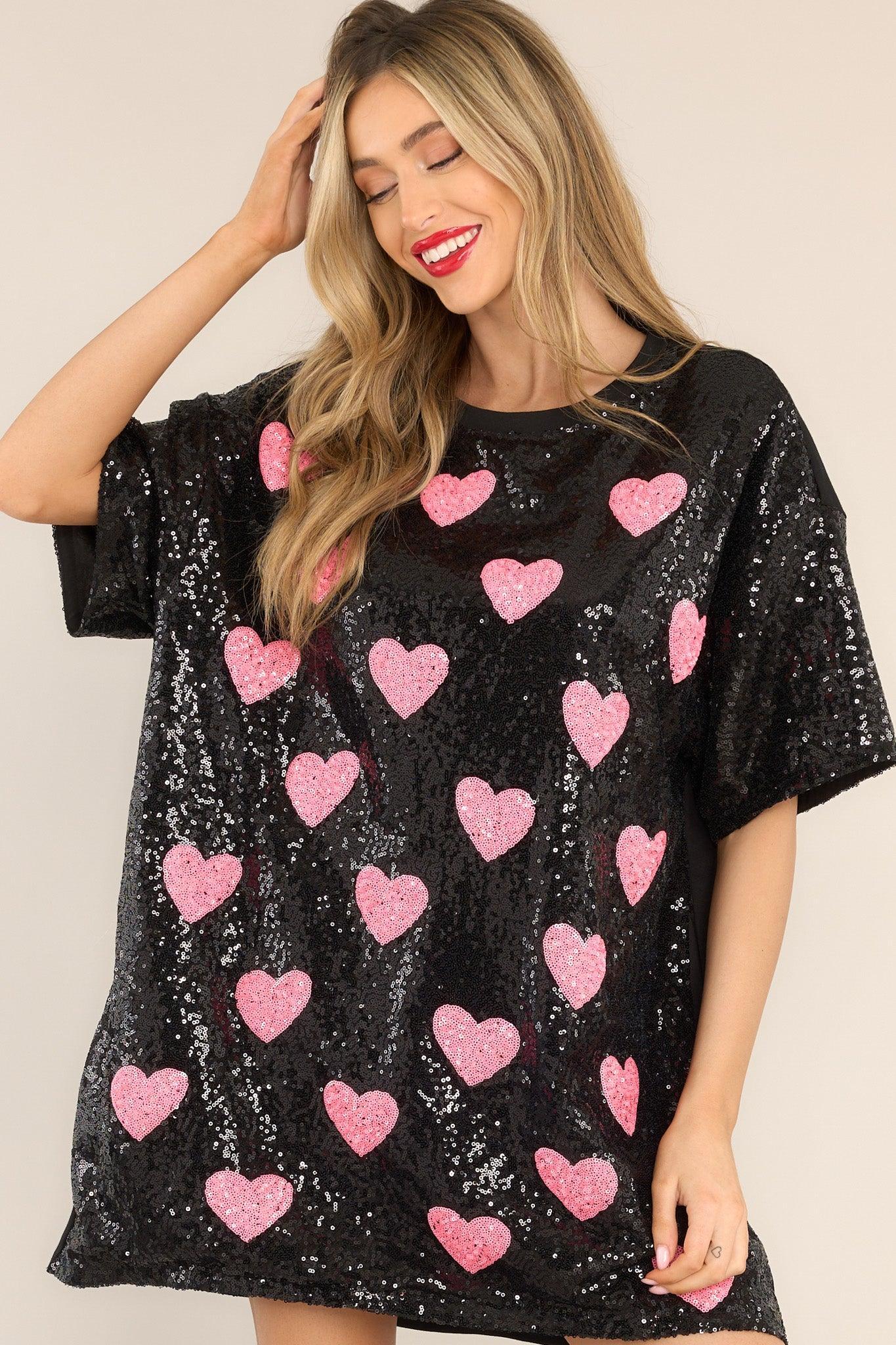 The Moment Black Sequin Heart Shirt Dress Product Image