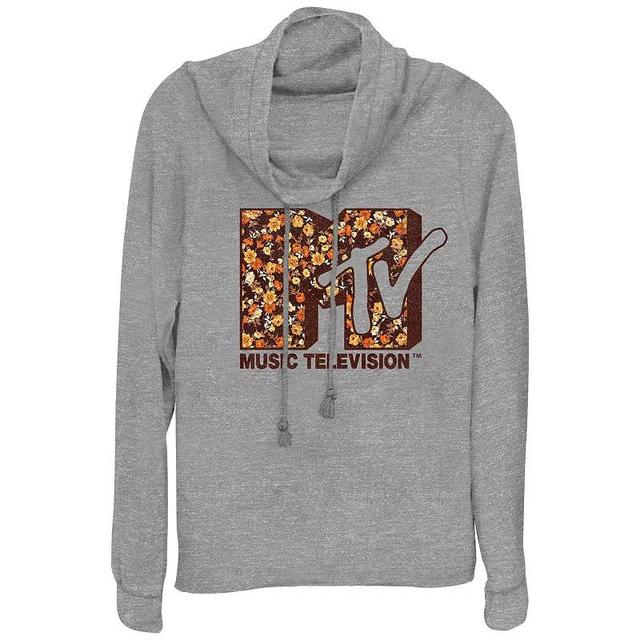 Plus Size MTV Autumn Flowers Print Logo Cowlneck Graphic Lightweight Long Sleeve, Womens Gray Grey Product Image