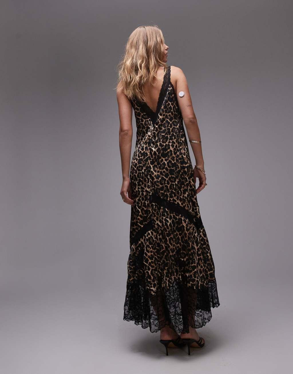 Topshop maxi dress with lace insert in animal print Product Image