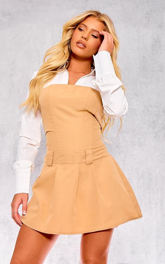 Camel Tailored Contrast Pleated Shirt Dress Product Image