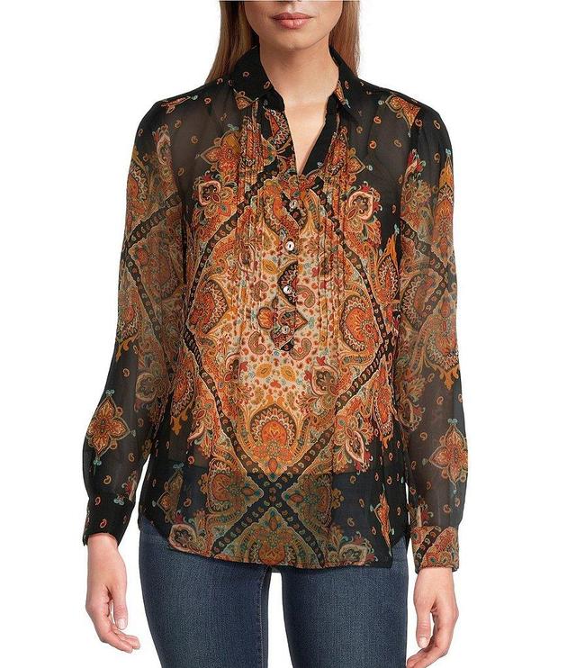 Figueroa & Flower Woven Tile Print Pintuck Detail Collared Long Roll-Tab Sleeve Blouse Product Image