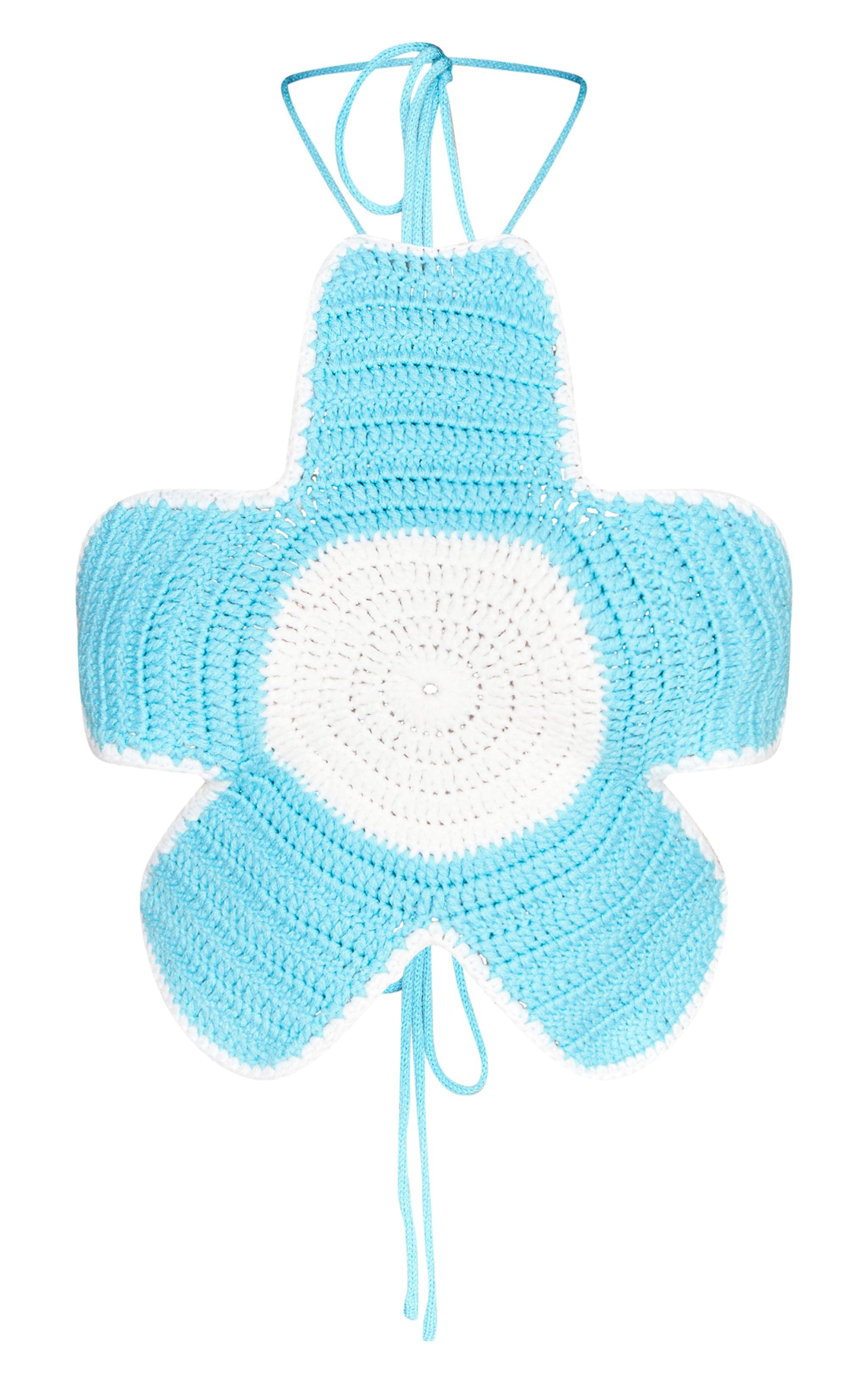 Blue Crochet Knit Tie Back Flower Bralet Product Image