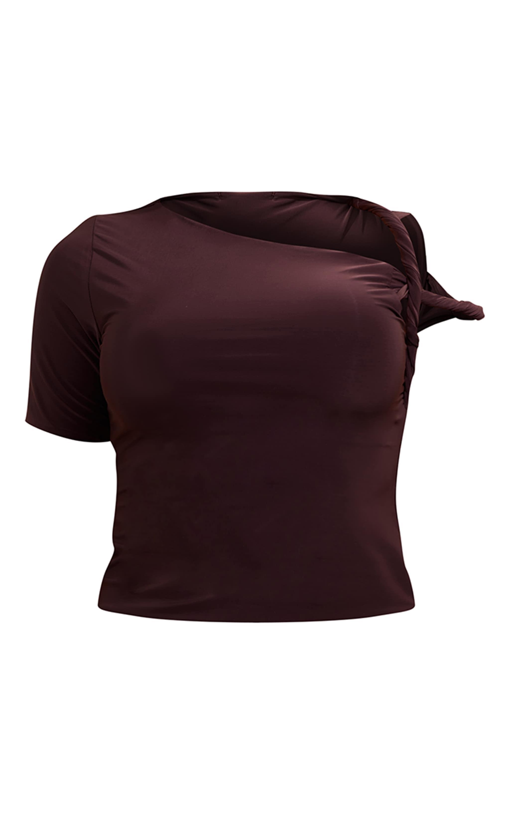 Chocolate Slinky Twist Shoulder Long Top Product Image