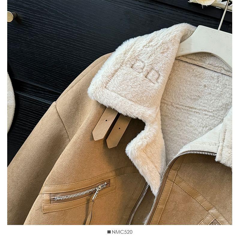 Fleece-Lined Faux-Suede Biker Jacket Product Image