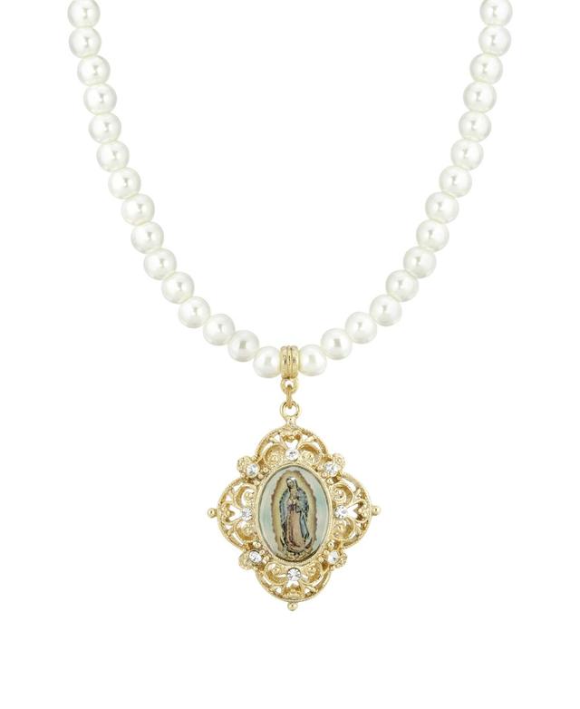 1928 Gold Tone Simulated Pearl Mary Decal Pendant Necklace, Womens, White Product Image