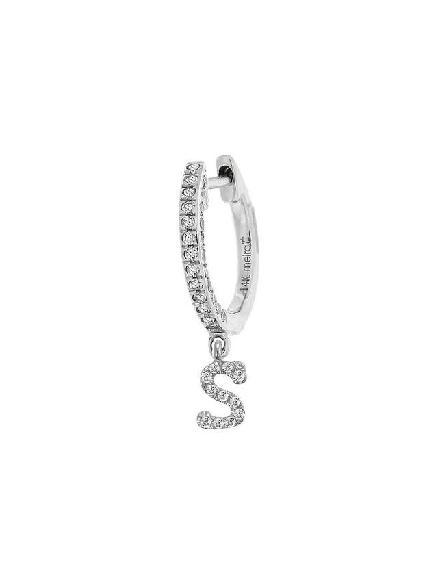 Womens 14K White Gold Diamond Intial Single Huggie Hoop Earring Product Image