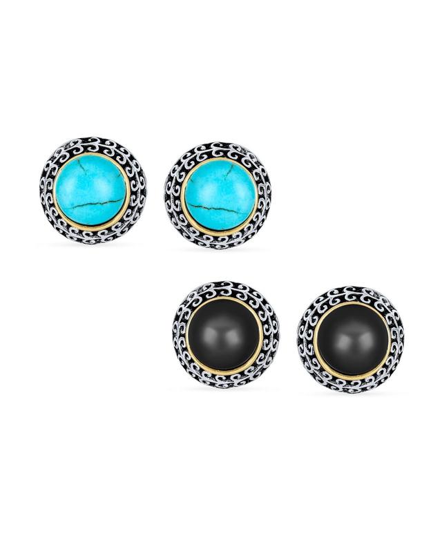 Bling Jewelry Set of 2 Bali Style Two Tone Black Onyx Blue Turquoise Dome Clip On Earrings For Women Non Pierced Ear Silver Gold Plated Product Image