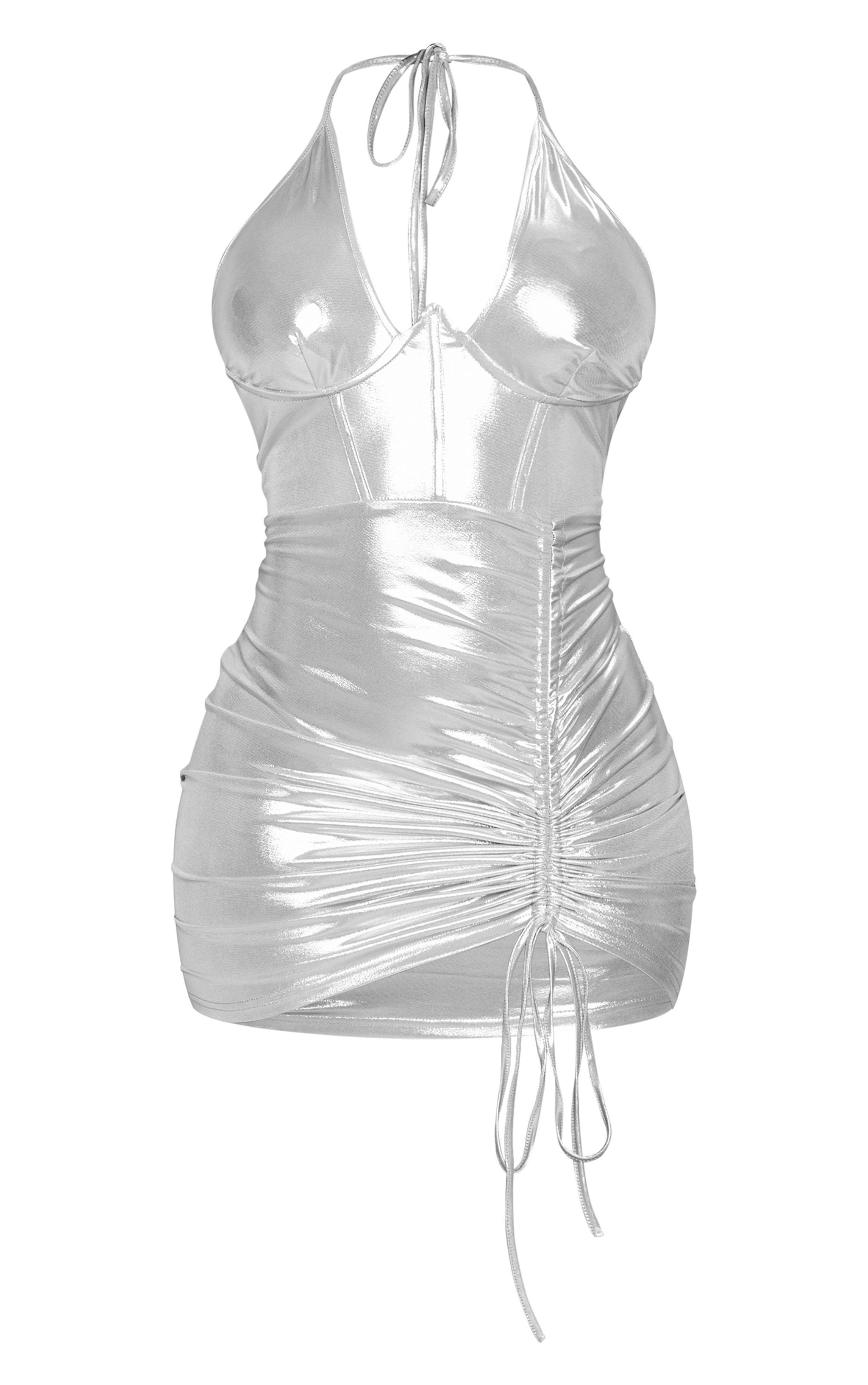 Shape Silver Metallic Halterneck Ruched Dress Product Image