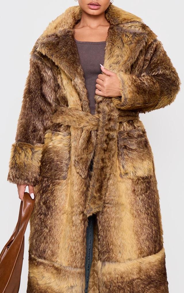 Petite Brown Faux Fur Longline Belted Coat Product Image