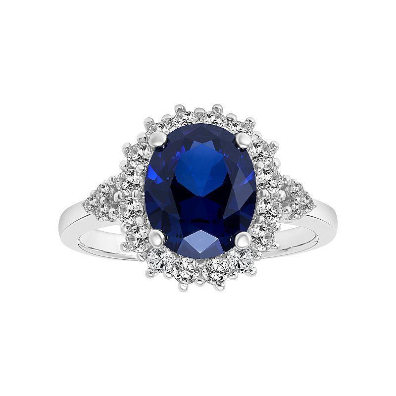 Love Always Sterling Silver Lab-Created Blue & White Sapphire Diamond Accent Halo Engagement Ring, Womens Product Image