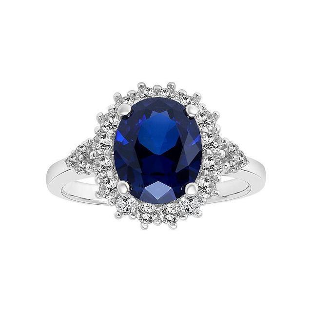 Love Always Sterling Silver Lab-Created Blue & White Sapphire Diamond Accent Halo Engagement Ring, Womens Product Image