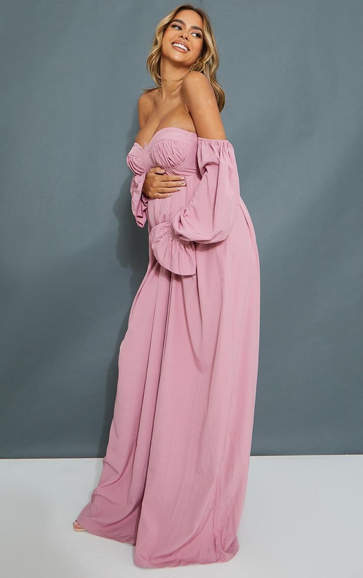 Maternity Pink Corset Detail Bardot Wide Leg Jumpsuit Product Image