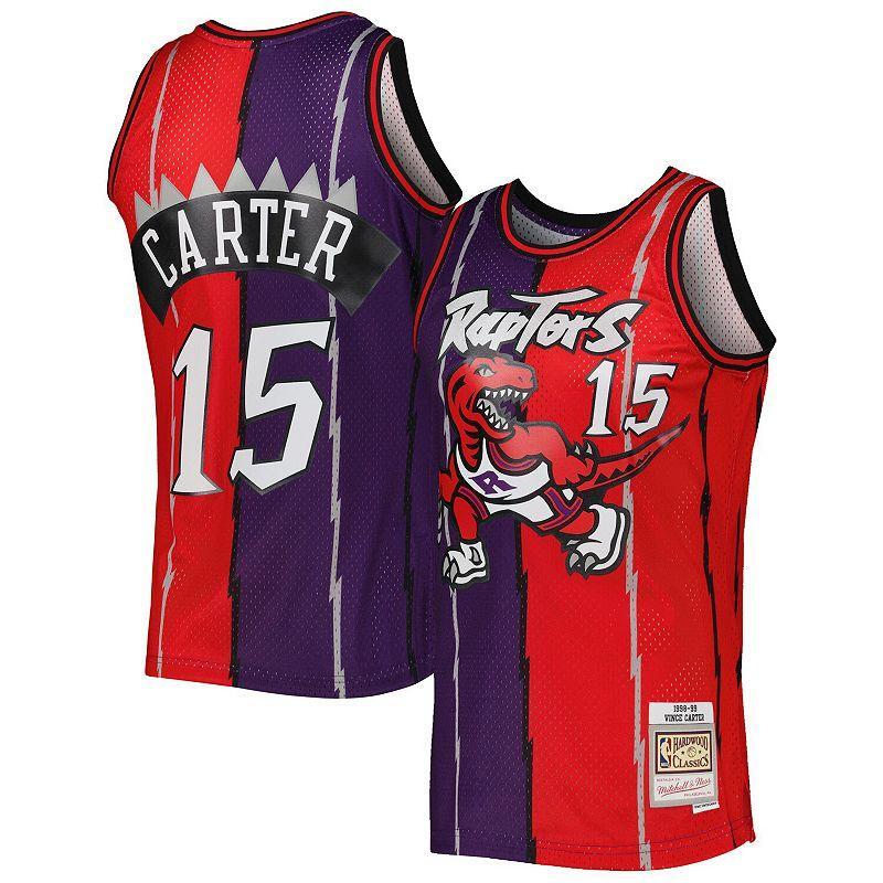 Mens Mitchell & Ness Vince Carter Purple/Red Toronto Raptors Hardwood Classics 1998-99 Split Swingman Jersey Product Image