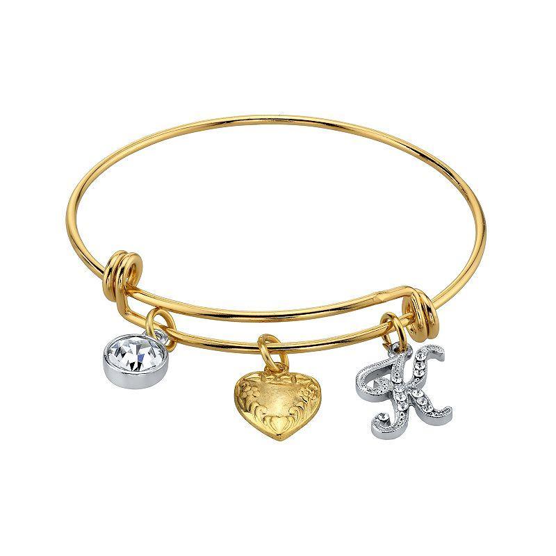 1928 Two Tone Crystal, Heart & Initial Charm Bangle Bracelet, Womens Product Image