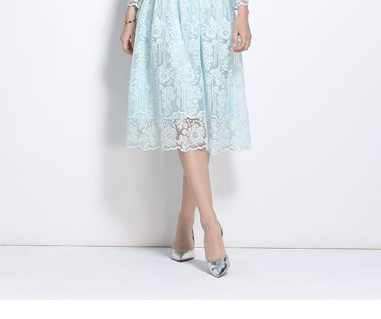 Set: Long Sleeve Crew Neck Plain Floral Embroidered Faux Pearl Button Mesh Top + High Rise Midi A-Line Skirt Product Image