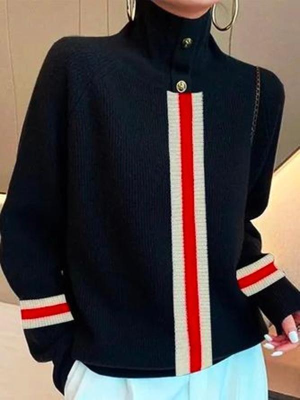 Long Sleeves Loose Split-Joint Striped High Neck Sweater Tops Product Image