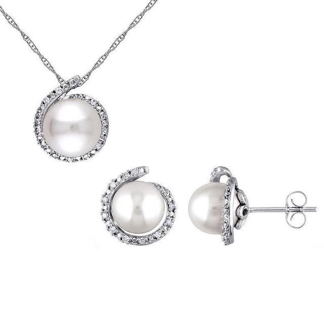 Stella Grace 10k White Gold Freshwater Cultured Pearl & 1/7 Carat T.W. Diamond Halo Pendant & Earring Set, Womens Product Image