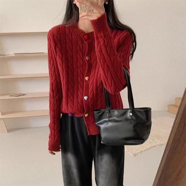 Round Neck Plain Buttoned Cable Knitted Cardigan Product Image