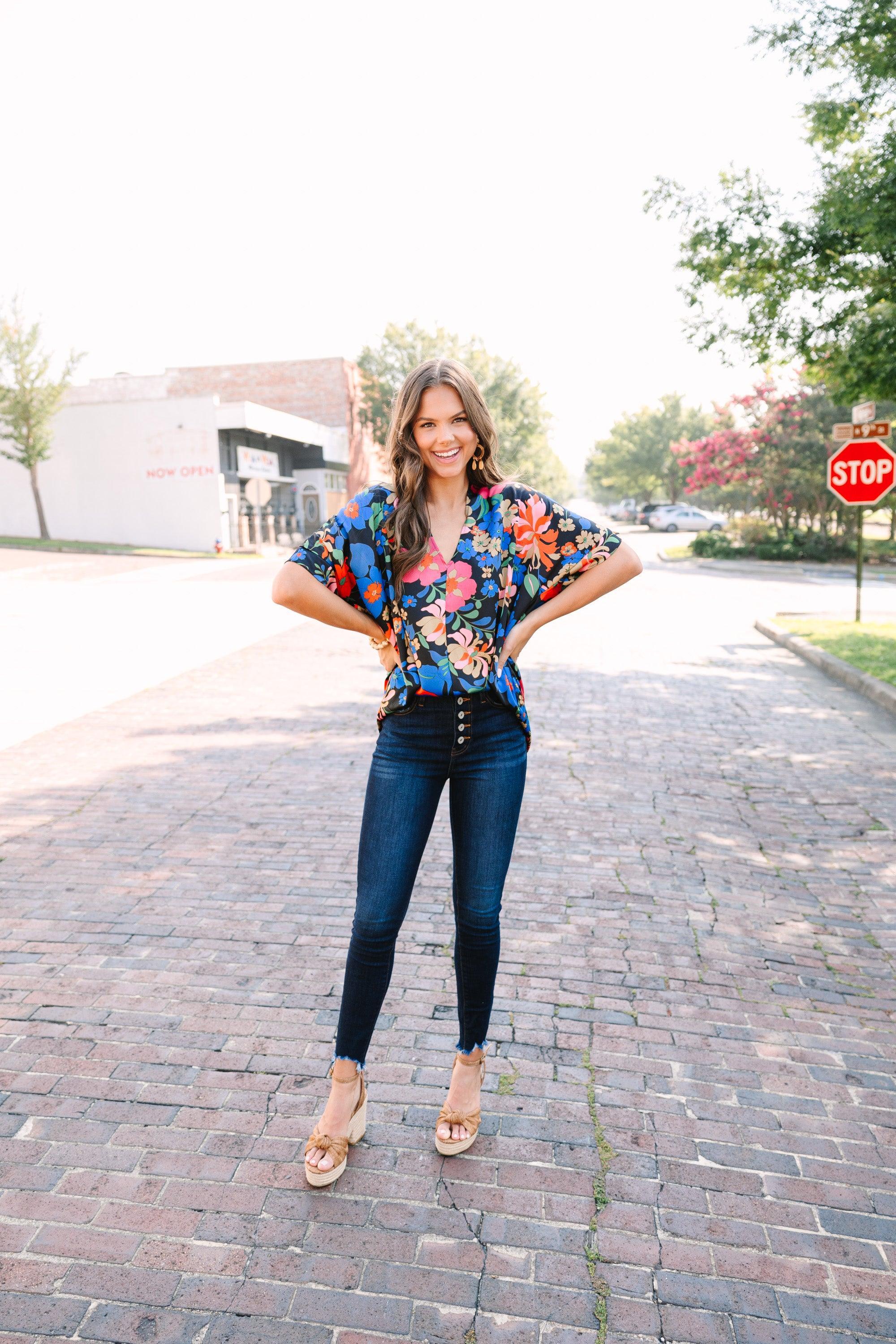 Start Looking Black and Red Floral Top Female Product Image