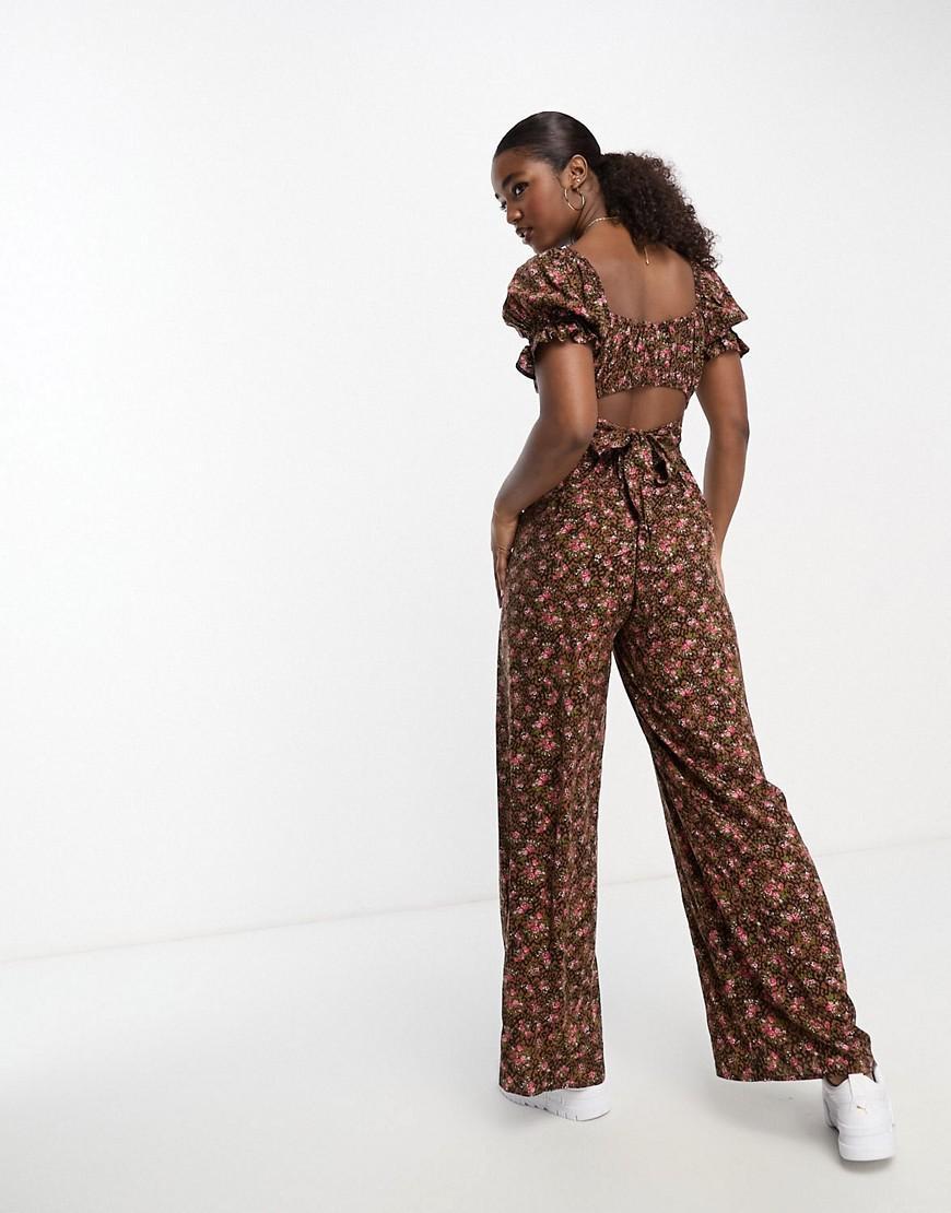 Miss Selfridge tie back wide leg jumpsuit in brown animal ditsy  Product Image