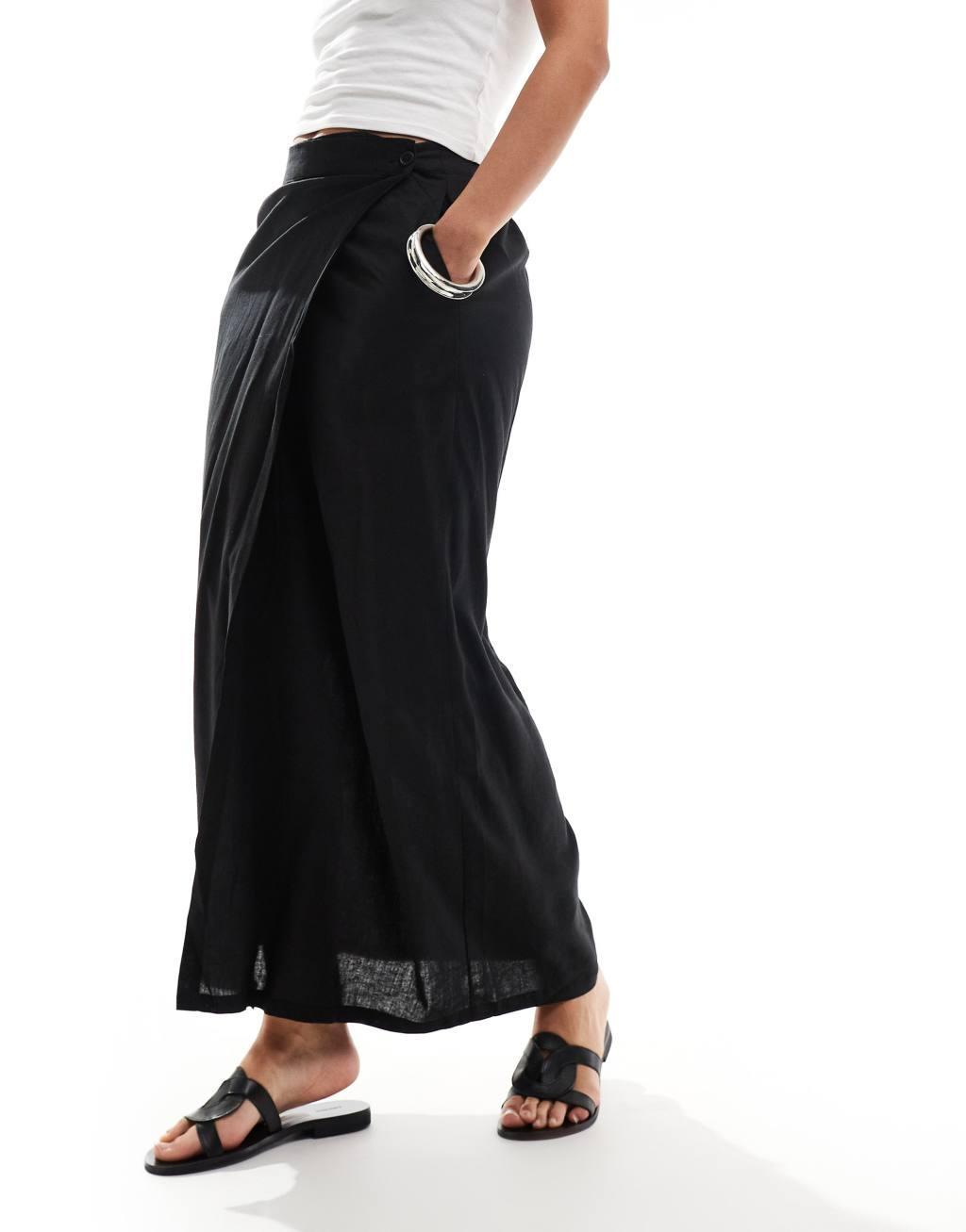 Vero Moda Aware linen mix wrap maxi skirt in black Product Image