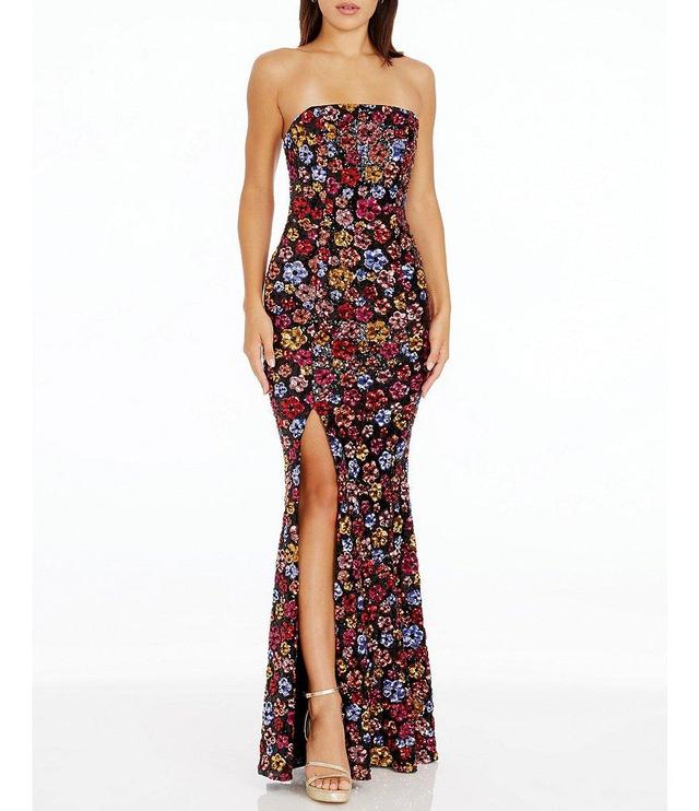 Dress the Population Janelle Sequin Floral Strapless Sleeveless Side Slit Gown Product Image